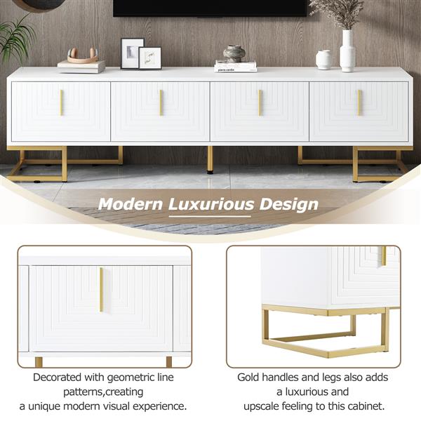 Modern TV Stand with Metal Legs and Gold Handles for TVs Up to 80'', Media Console Table with Cabinets and Adjustable Shelves, Luxury TV Cabinet with Geometric Lines for Living Room, White