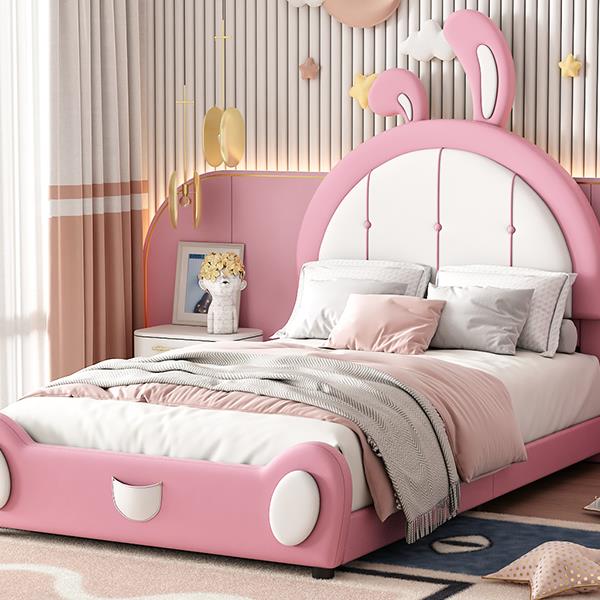 Twin Size Upholstered Platform Bed with Rabbit Shaped Headboard, Pink