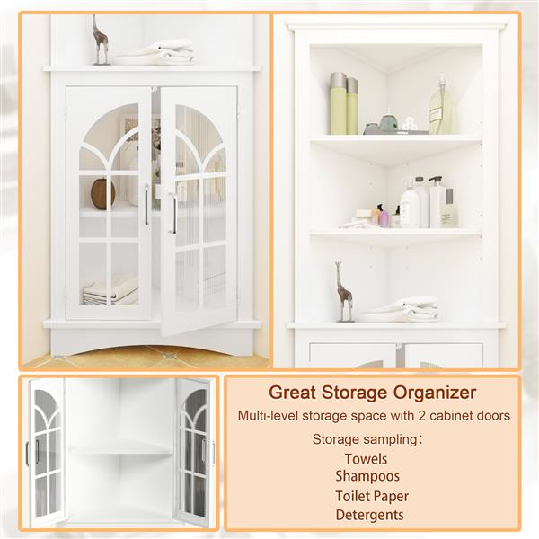 Corner Storage Cabinet, 63.3" Tall Freestanding Bookcase with  Doors & Adjustable Shelves, 5-Tier Corner Display Cabinet for Living Room, Office, Dining Room, White