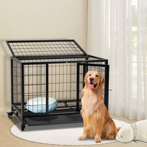 Dog Crate Dog Cage Dog Kennel for Large Dogs, Heavy Duty 36 in Pet Playpen for Training Indoor Outdoor with Plastic Tray, Double Doors & Secure Lock