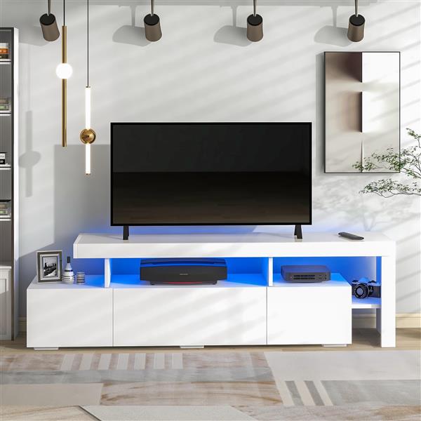 Modern Style 16-colored LED Lights TV Cabinet,  UV High Gloss Surface Entertainment Center with DVD Shelf,
Up to 70 inch TV, White