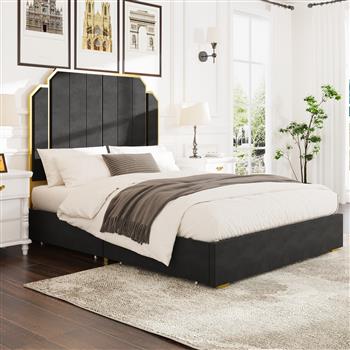 Queen Size Bed Frame and 59.06\\" Headboard, Upholstered Bed with lden Plating Trim, Modern Platform Bed No Box Spring Needed, Black