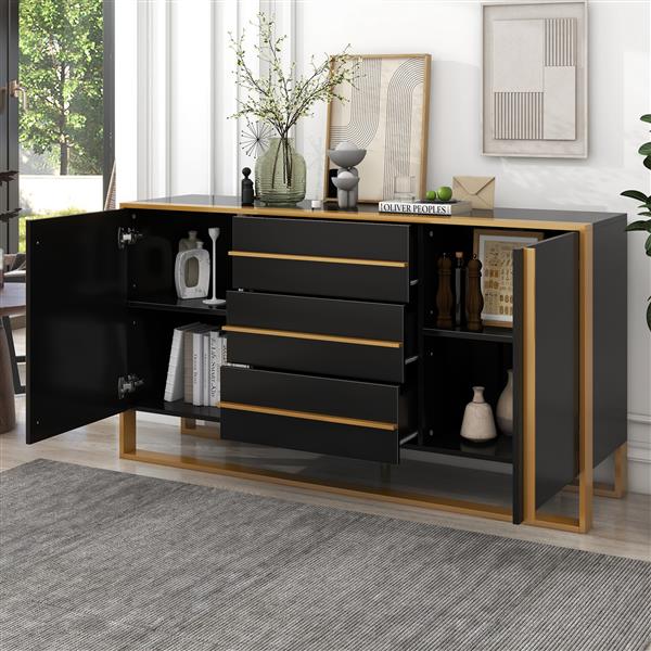 Modern Style 59"L Sideboard with Large Storage Space and Gold Metal Legs for Living Room and Entryway (Black)