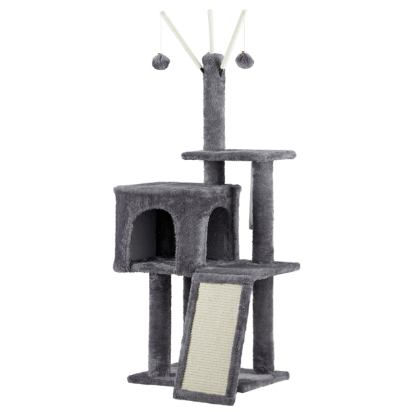 49 inch Cat Tree Cat Tower for Indoor Cats, Cat House with Padded Platform Bed, Toy Balls, Large Cozy Condo and Scratch Board, Dark Grey