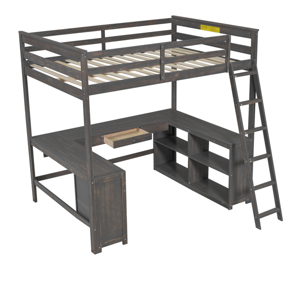 Full Size Loft Bed with U-shaped Desk, Drawers and Storage Shelves, Antique Brown