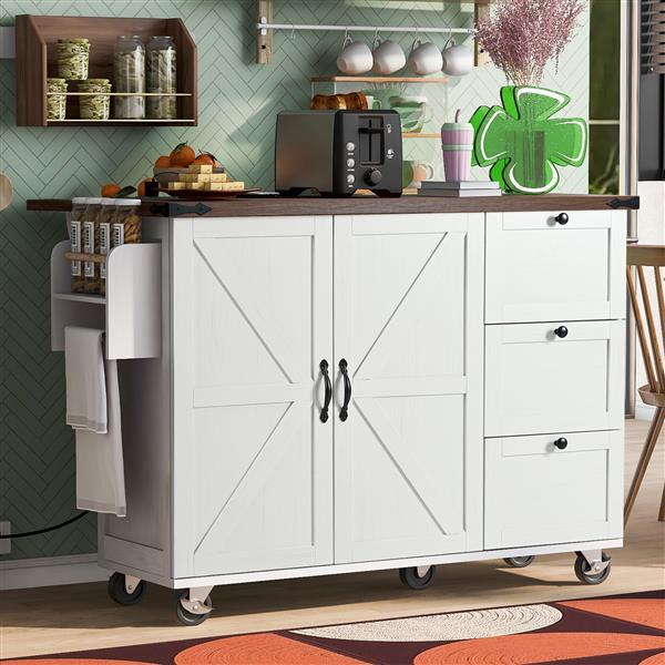 54.5" Farmhouse Kitchen Island with Power Outlet, Kitchen Storage Island  with Internal Storage Rack, Drop Leaf, Spice Rack, Rolling Kitchen Cart on Wheels, for Home, Kitchen and Dining Room,White