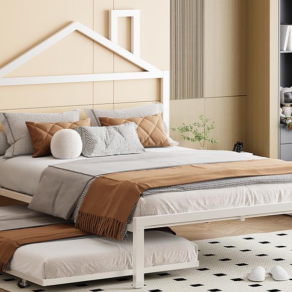 Full Size Metal Platform Bed with twin size trundle,House-Shaped Headboard Design, White