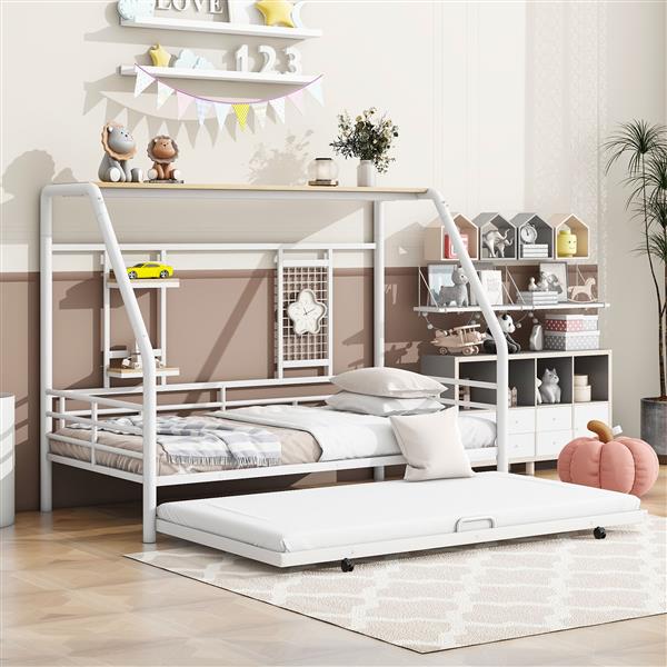 Twin Size Metal House Bed with Trundle, White