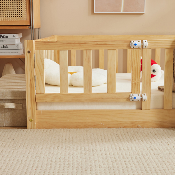 Fence bed with door and decking, natural wood color, painted surface, pine wood, Queen children's bed