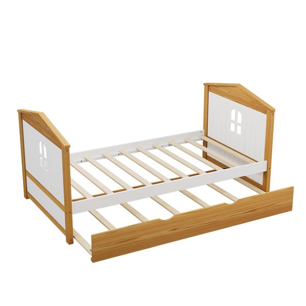 Twin Size House Shape Bed with Trundle Wooden Bed for Girls Boys Teens, No Box Spring Needed, Walnut and White