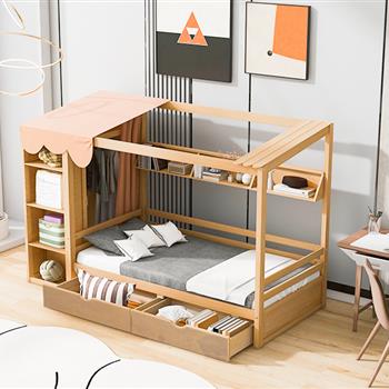 Twin size House Bed with Two Drawers and Wardrobe,Natural