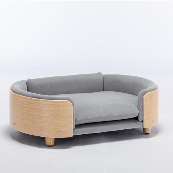 Scandinavian style Elevated Dog Bed Pet Sofa With Solid Wood legs and Bent Wood Back, Velvet Cushion,Mid Size Light Grey