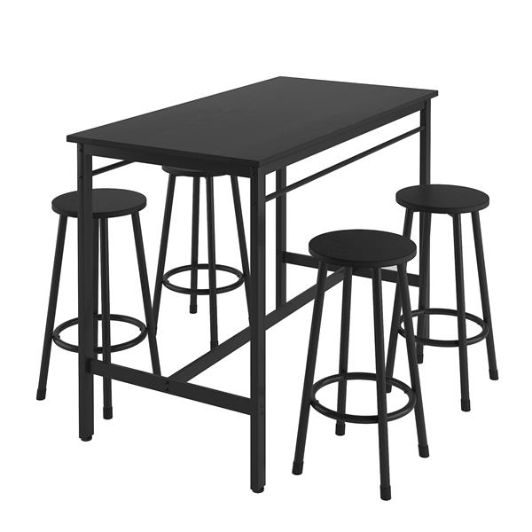 5-piece rural kitchen table with four bar stools, metal frame and MDF, black