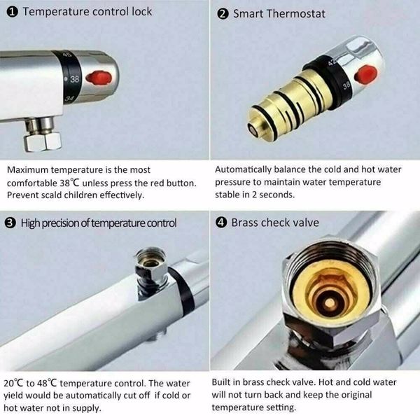 Thermostatic Exposed Bar Shower Mixer Valve Tap Chrome Bottom 1/2" Outlet New