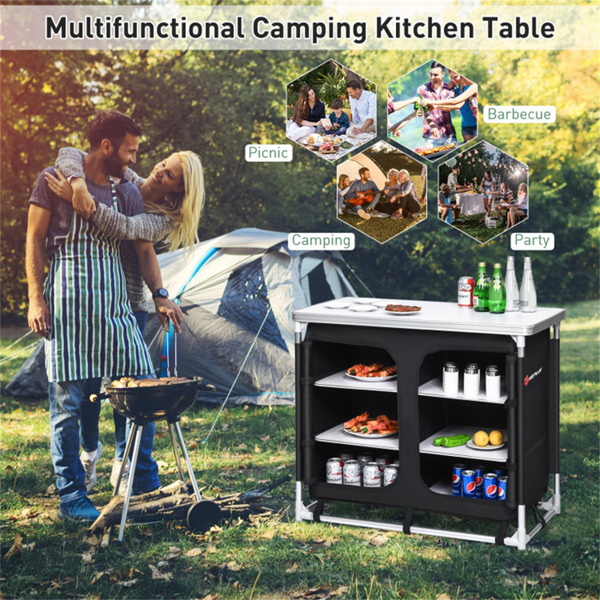 Black Camping Kitchen Table with Storage Shelves