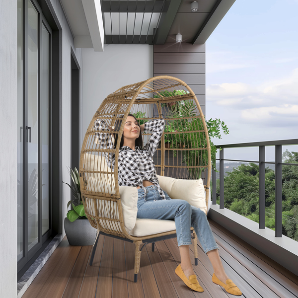 Wicker Egg Chair, Oversized Indoor Outdoor Lounger with Stand and Cushions for Patio Porch Backyard Living Room Balcony, Beige Rattan & Creamy White Cushion