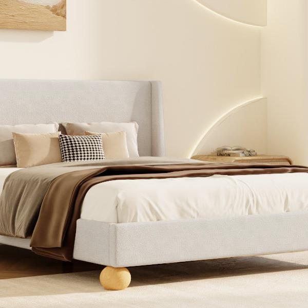 Modern Boucle Upholstered Platform Bed with Wingback Headboard and Round Wooden Legs, Beige,King Size