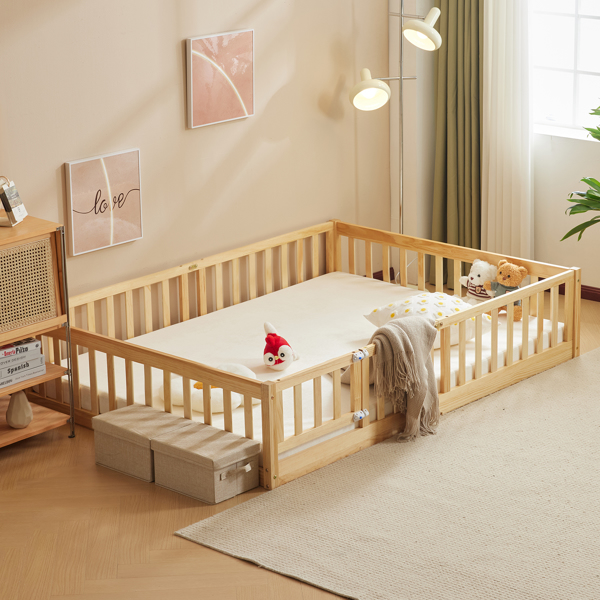 Fence bed with door and decking, natural wood color, painted surface, pine wood, Queen children's bed