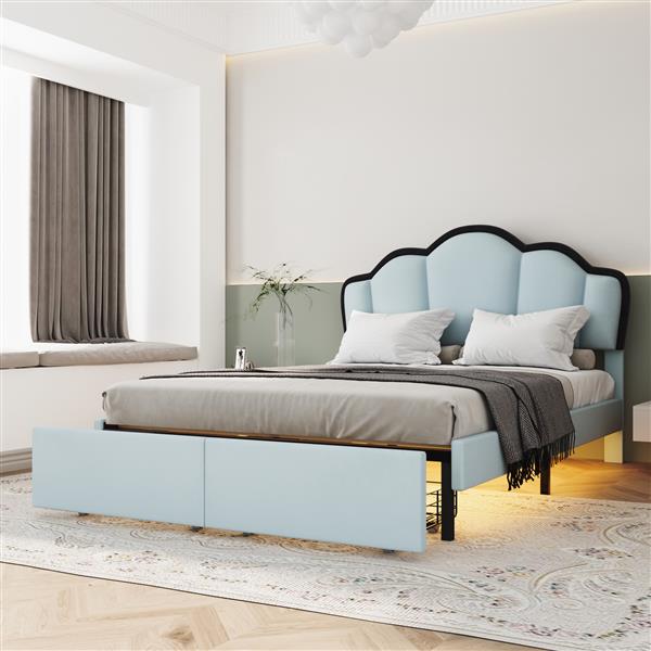 Full Size Upholstered Princess Platform Bed with LED and 2 Storage Drawers, Blue