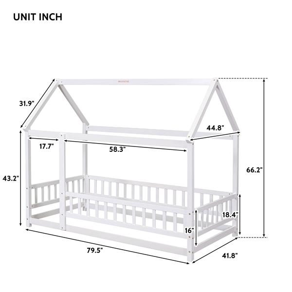 Twin Size Floor Wooden Bed with House Roof Frame, Fence Guardrails,White