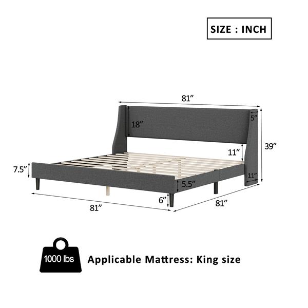 King Size Bed Frame Upholstered Bed Frame Platform ,Non-adjustable Headboard Linen Fabric Headboard Wooden Slats Support/No Box Spring Needed/Easy Assembly/Mattress Foundation, Drak gray