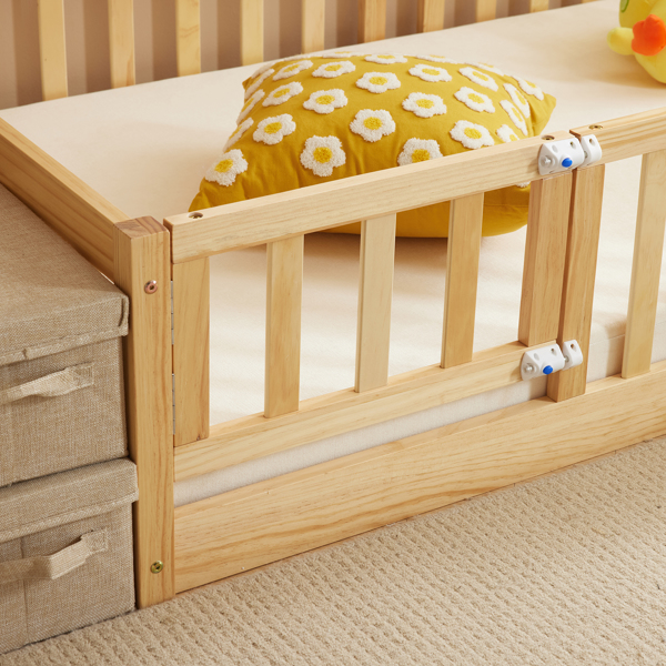 Fence bed with door and decking, natural wood color, painted surface, pine wood, twin children's bed