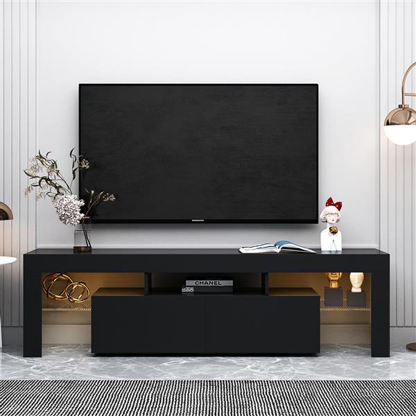 Modern Black TV Stand, 20 Colors LED TV Stand w/Remote Control Lights