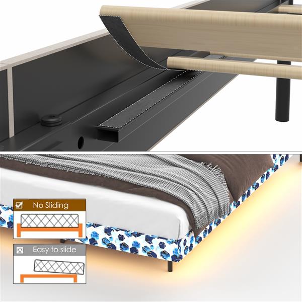 Queen Floating Bed Frame with LED Light and Charging Station Upholstered Platform Bed Frame Queen Size with Headboard and Hidden Storage Space, No Box Spring Needed, Blue