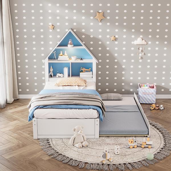 Twin Size House-Shaped Bed with Bookcase Headboard and Led Light and Twin Size Trundle for Kids Boys Girls, Blue+ White