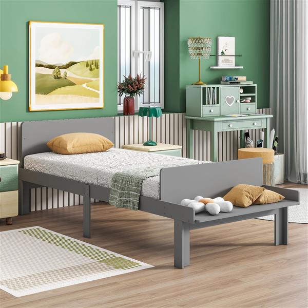 Twin Bed with Footboard Bench,Grey