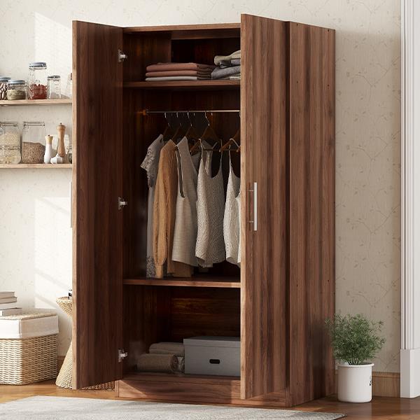 2-Door Wooden Wardrobe Armoire with 3 Storage Shelves, Brown