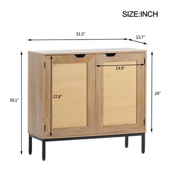 Rustic Storage Cabinet with 2 Rattan Doors, Mid Century Natural Wood Sideboard Furniture for Living Room