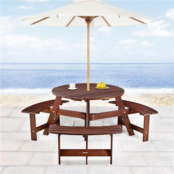 Outdoor 6 Person Picnic Table, 6 person Round Picnic Table with 3 Built-in Benches, Umbrella Hole, Outside Table and Bench Set for Garden, Backyard, Porch, Patio, Brown