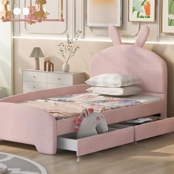 Twin Size Upholstered Platform Bed with Cartoon Ears Shaped Headboard and 2 Drawers, Pink