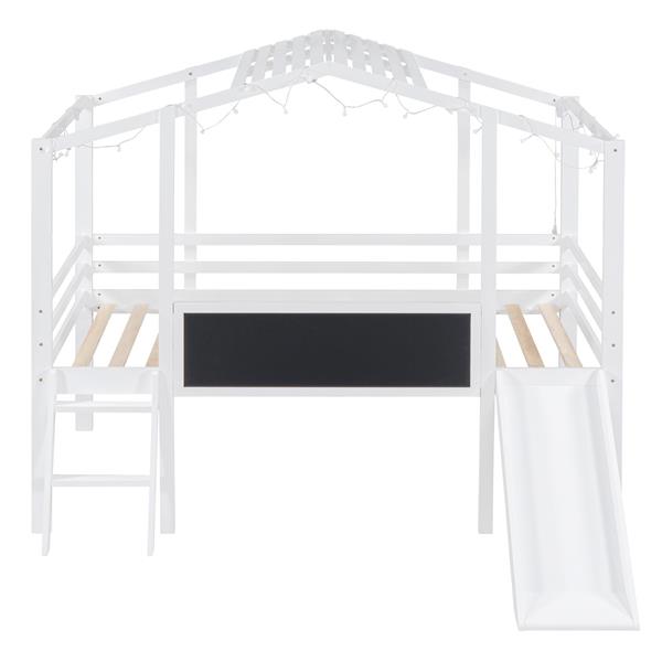 Twin Size Loft Bed with Ladder and Slide, House Bed with Blackboard and Light Strip on the Roof, White