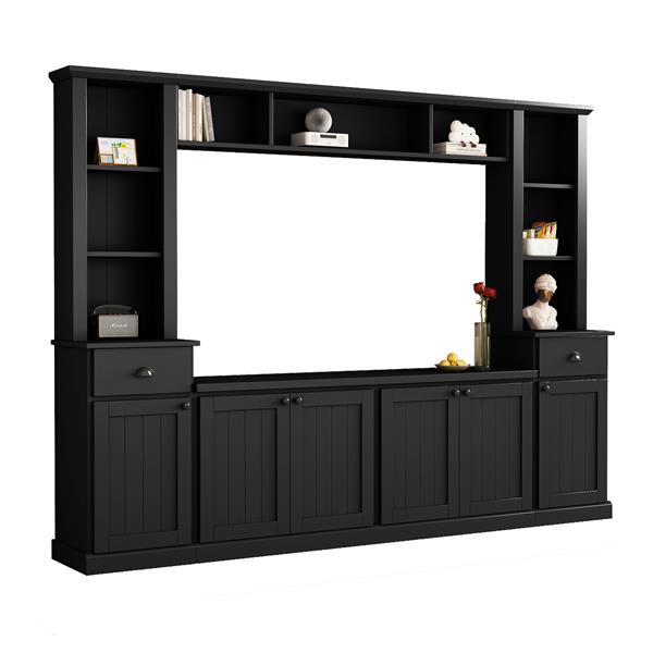 Minimalist Entertainment Wall Unit Set with Bridge for TVs Up to 70'', Ample Storage Space TV Stand with Adjustable Shelves, Modernist Large Media Console for Living Room, Black