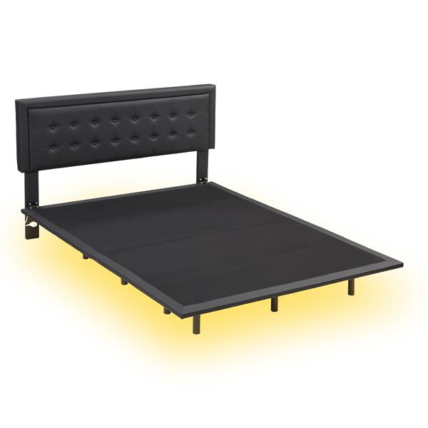 Queen Size Floating Bed Frame with Motion Activated Night Lights,Modern PU Upholstered Button Tufted Platform Bed Frame,Black