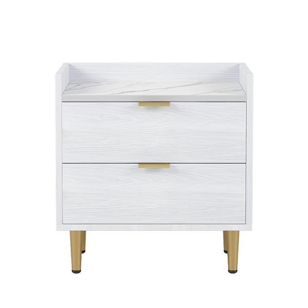 Wooden Nightstand with 2 Drawers and Marbling Worktop, Mordern Wood Bedside Table with Metal Legs&Handles,White