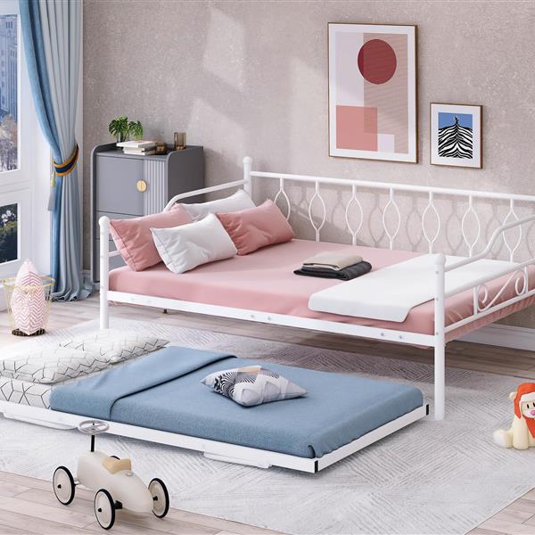 Full Size Metal Daybed with Twin Size Adjustable Trundle, Portable Folding Trundle, White