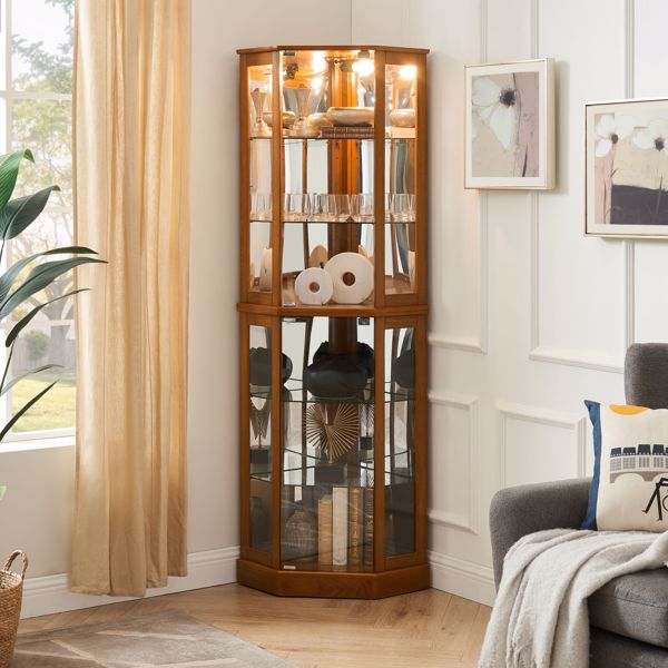 6 Shelf Corner Curio Display Cabinet with Lights, Mirrors and Adjustable Shelves, Oak(E26 light bulb not included) 