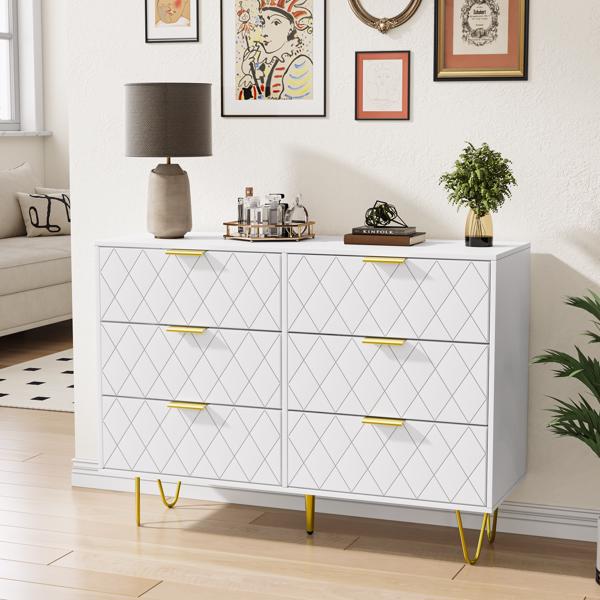 Modern white 6 Drawers for Bedroom,Wooden drawers with Gold Handles, Chest Dresser with Deep Drawers for living room 