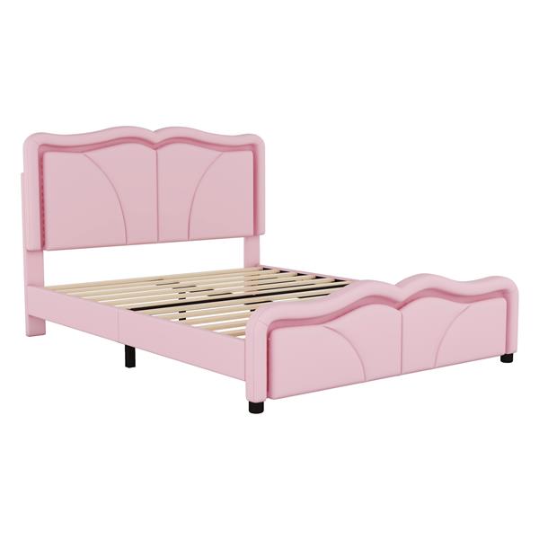 Full Size Upholstered Platform Bed with Curve Shaped and Height-adjustbale Headboard,LED Light Strips,Pink