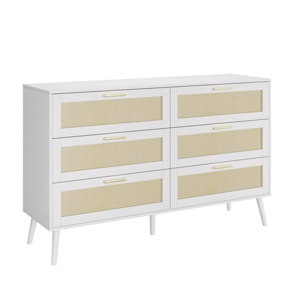 white Rattan 6 Drawers Chest of Dressers for Bedroom Modern 6 Drawer Dresser, Wide Chest of Drawers with Gold Handles, Rattan Dresser Storage Cabinet for Living Room, Bedroom, Hallway 