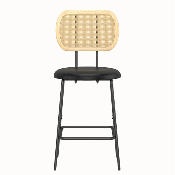 Rattan Bar Stool, Indoor Leather Bar Stools Set of 2, Counter Height Bar Stools with Metal Leg & Rattan Backrest, Armless Dining Room Chairs for Kitchens Island