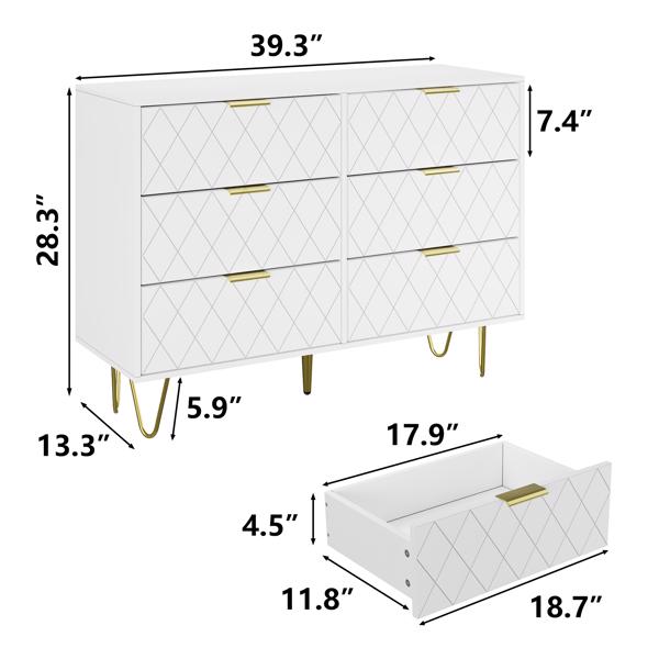 Modern white 6 Drawers for Bedroom,Wooden drawers with Gold Handles, Chest Dresser with Deep Drawers for living room 