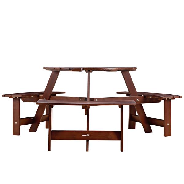 Outdoor 6 Person Picnic Table, 6 person Round Picnic Table with 3 Built-in Benches, Umbrella Hole, Outside Table and Bench Set for Garden, Backyard, Porch, Patio, Brown