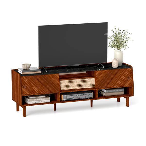 TV Stand for 75+ Inch TV, Mid Century Modern Entertainment Center with Rattan Drawer,Storage Shelves, Large Boho Media TV Console, 67 inch Long Television Stand for Living Room