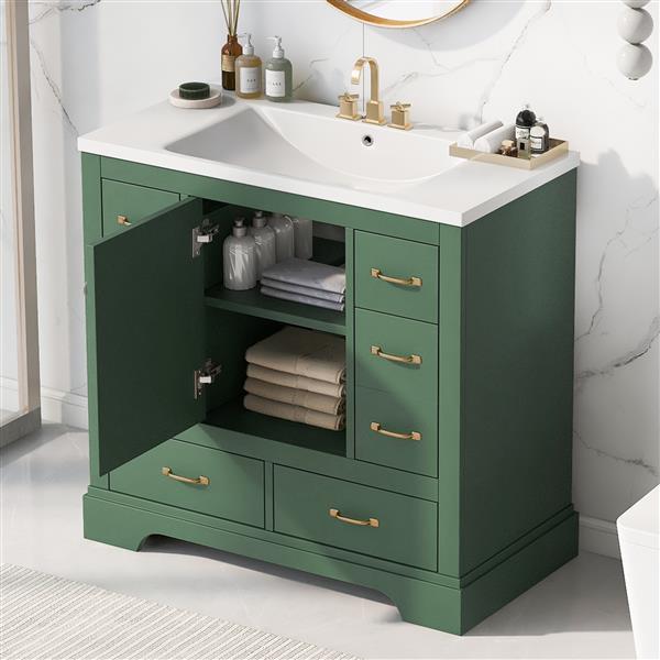 36" Bathroom Vanity with Sink Combo, Six Drawers, Multi-Functional Drawer Divider, Adjustable Shelf, Green