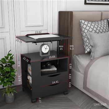 Height Adjustable Overbed End Table Wooden Nightstand with Swivel Top, Drawers, Wheels and Open Shelf,  Black