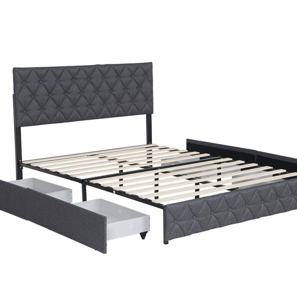 Queen Size Upholstered Platform Bed Frame with 4 Storage Drawers, Adjustable Linen Headboard, Wooden Slats Support, No Box Spring Needed, Easy Assembly,Grey